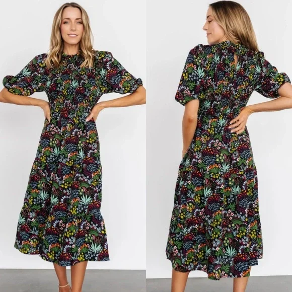 Baltic Born Women’s Black & Floral Print Lena Tiered Midi Dress Size 2X Smocked - Picture 1 of 9